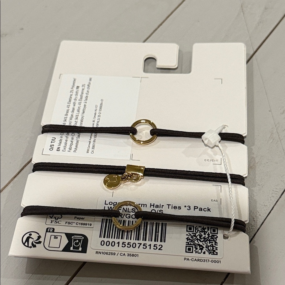 Logo Charm Hair Ties 3 Pack Black / Gold nwt - Picture 3 of 3